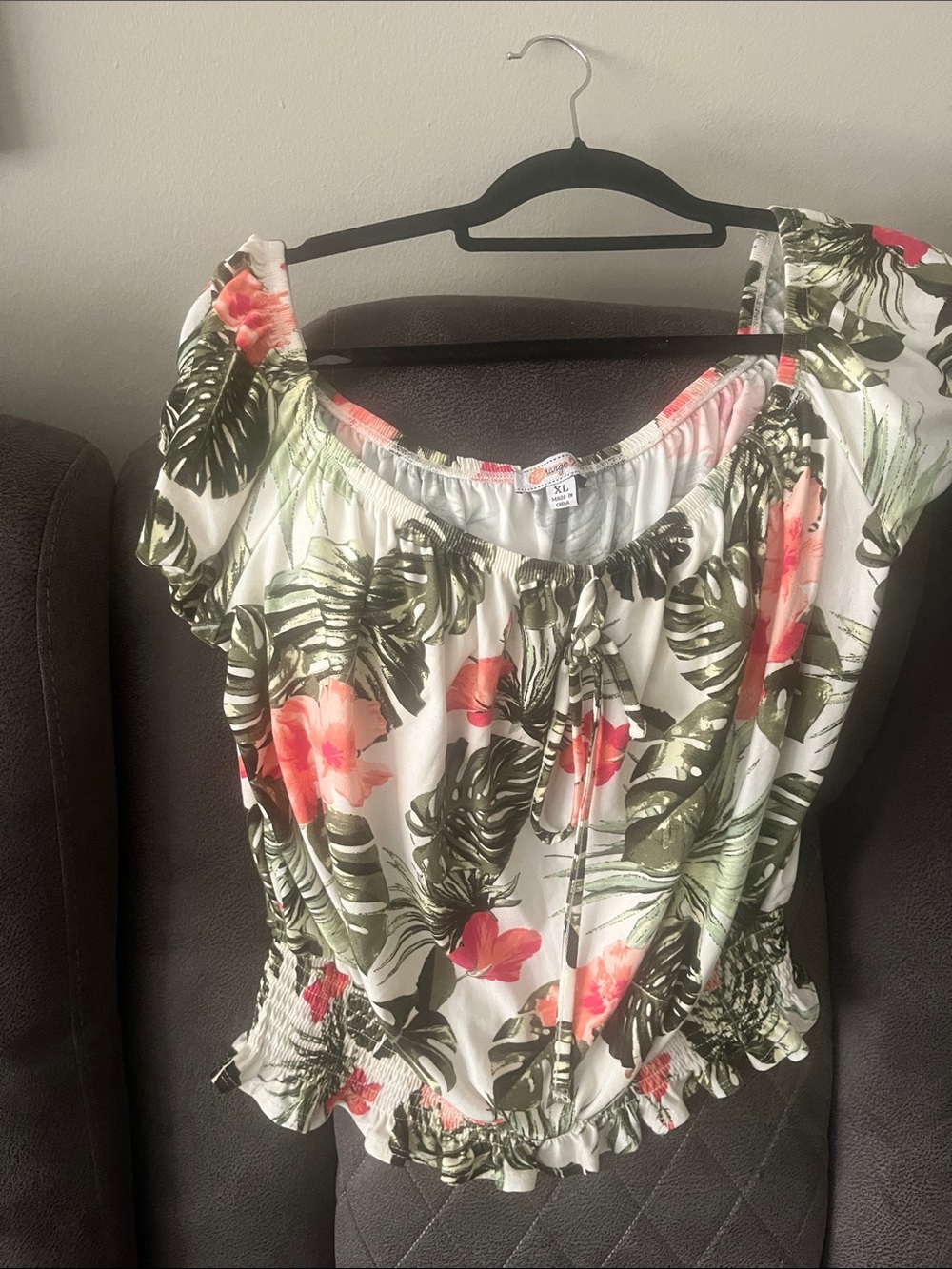 Floral Off-Shoulder Women’s Top - White with Coral & Green